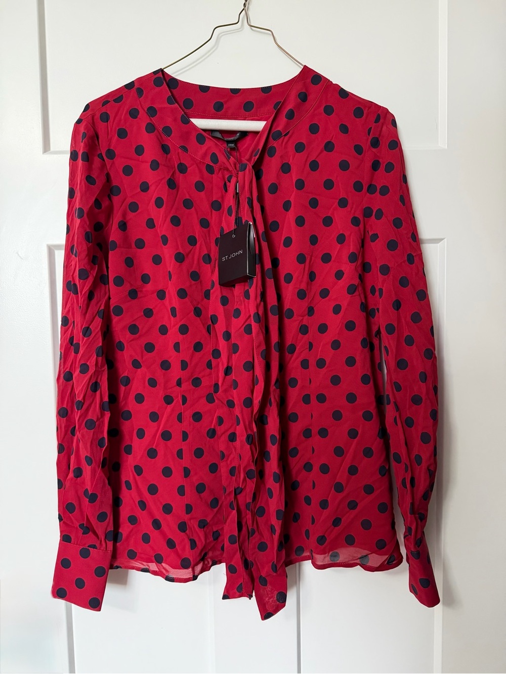 St. John Red Blouse with Navy Polka Dots and Tie Neck